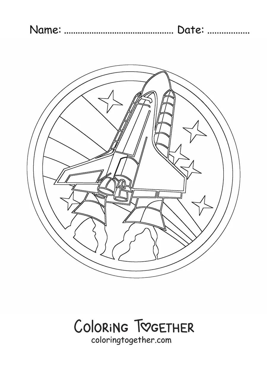 Coloring page of a realistic rocket with a rainbow