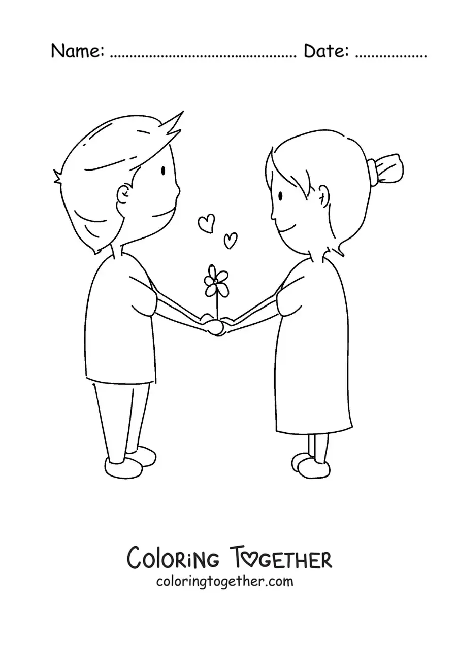 Coloring page of a sweet couple holding hands with hearts
