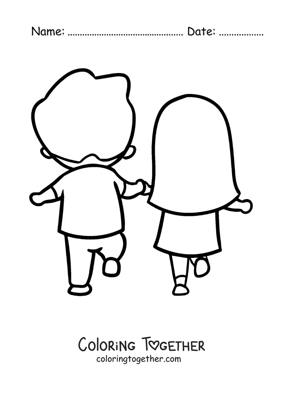 Coloring page of a happy couple walking hand in hand