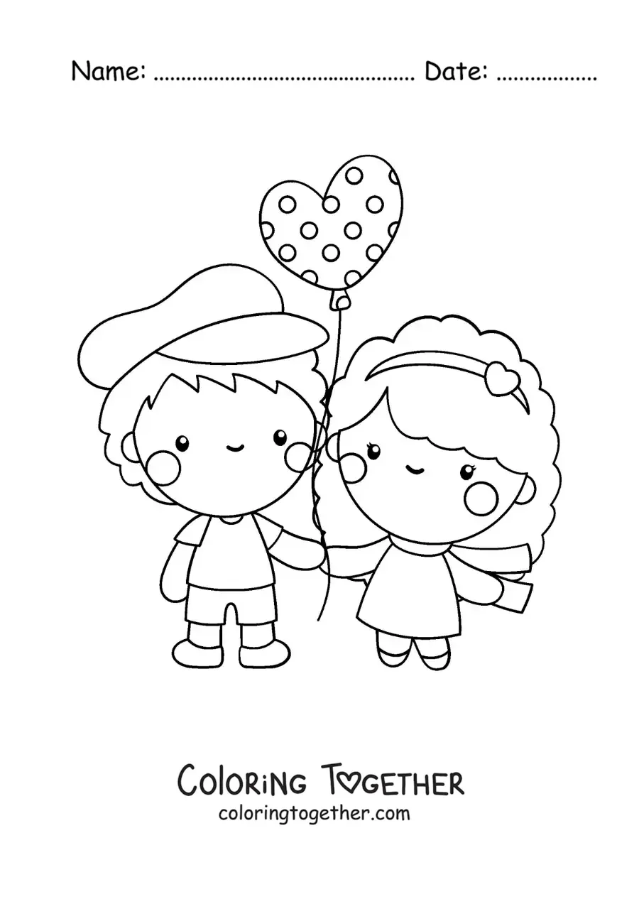Coloring page of a couple in love with a heart balloon