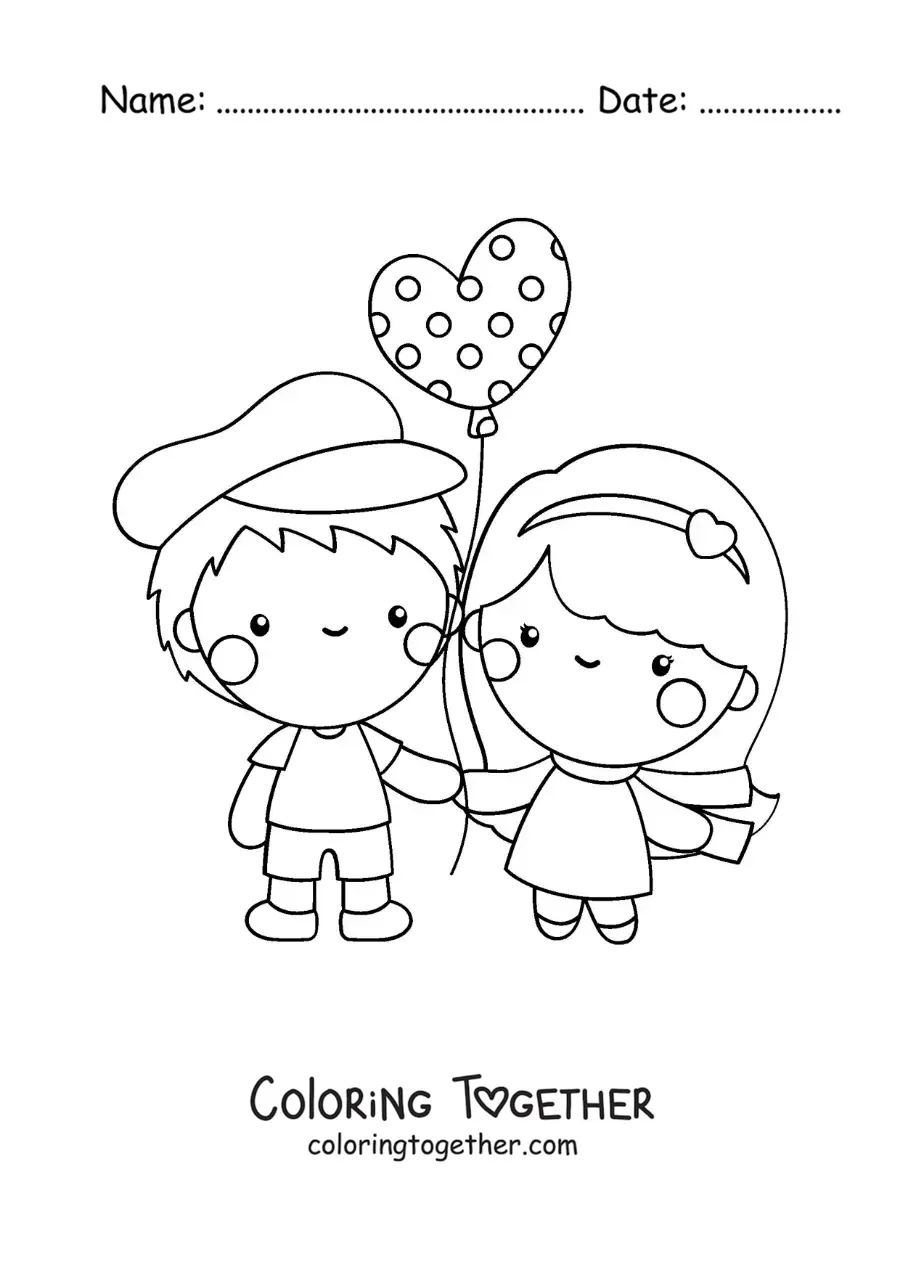 Coloring page of a couple in love with a Valentine's balloon