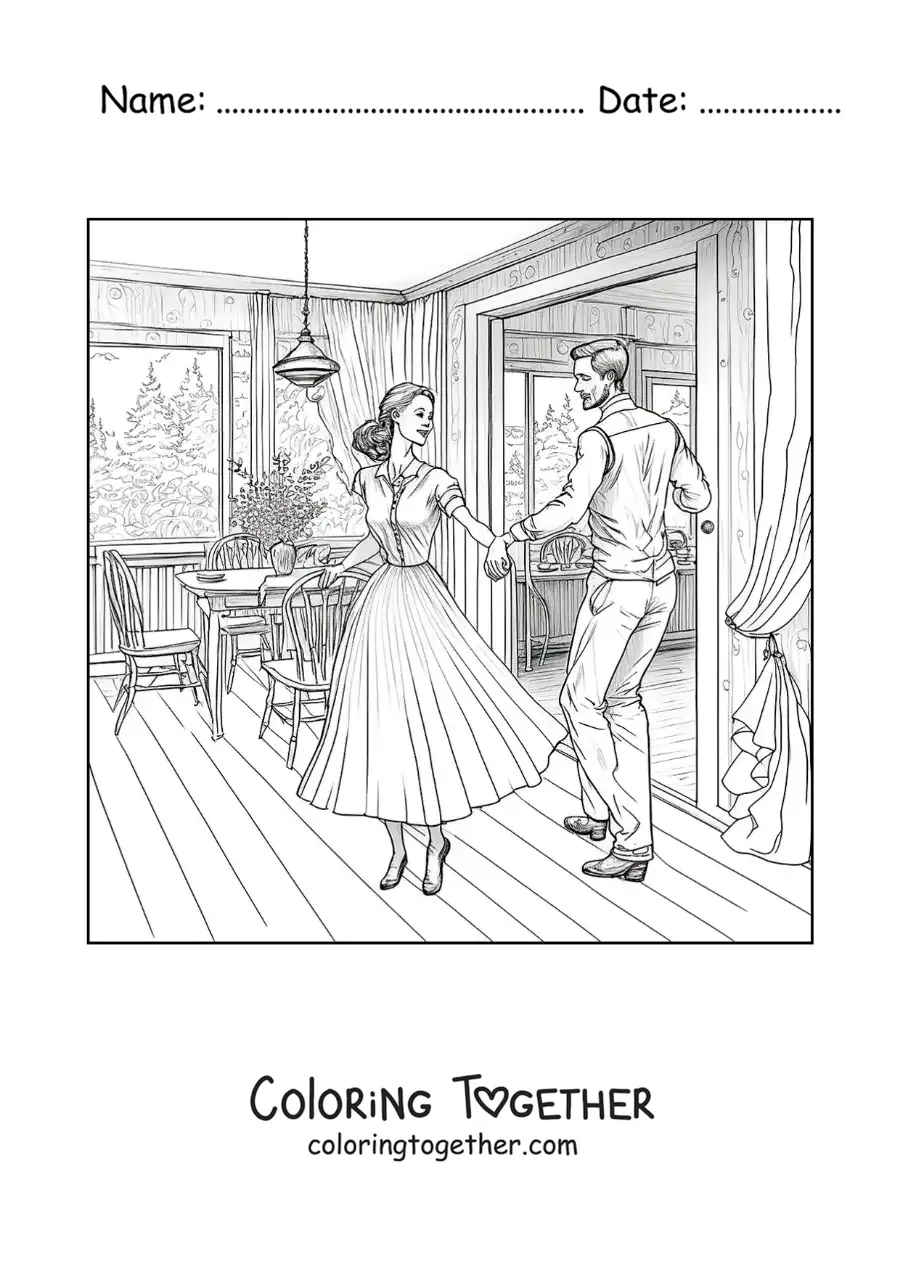 Coloring page of a vintage couple dancing at home