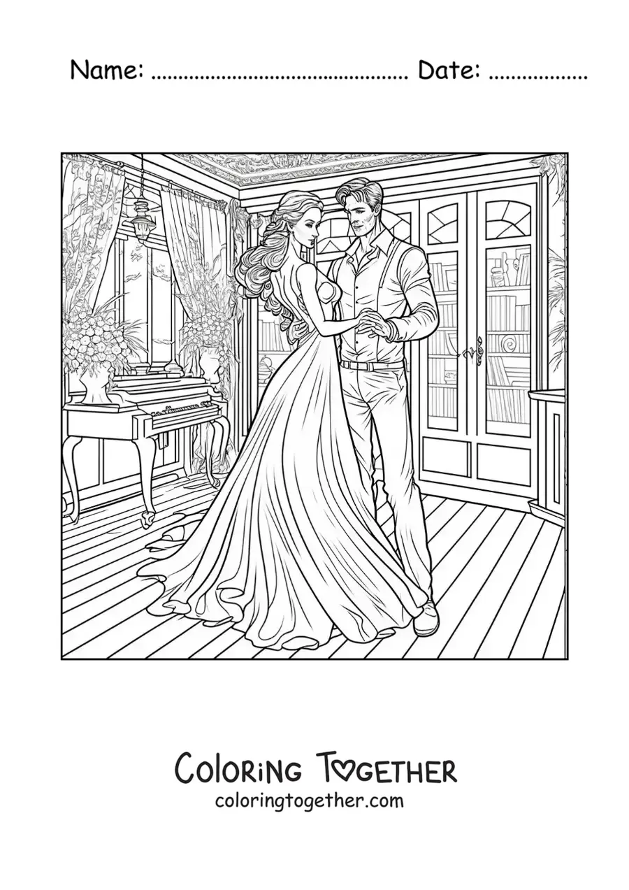 Coloring page of an elegant vintage couple dancing a waltz in a house