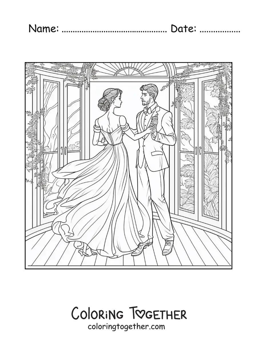 Coloring page of a romantic scene of a couple dancing in the garden