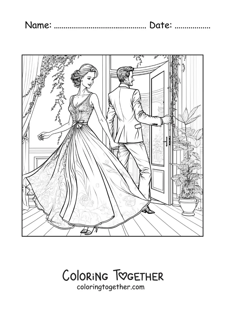 Coloring page of a beautiful vintage couple in a house with a garden