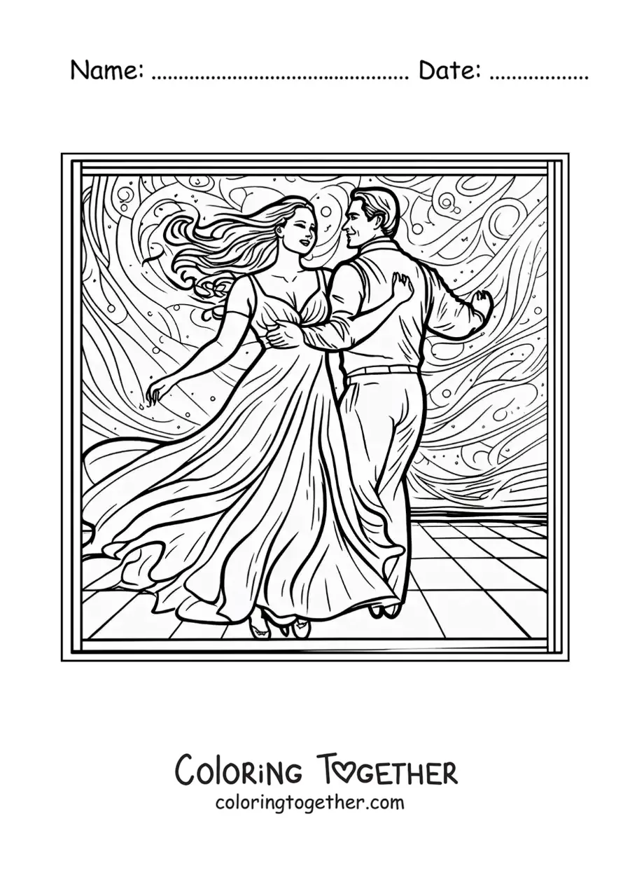 Coloring page of a happy couple dancing together