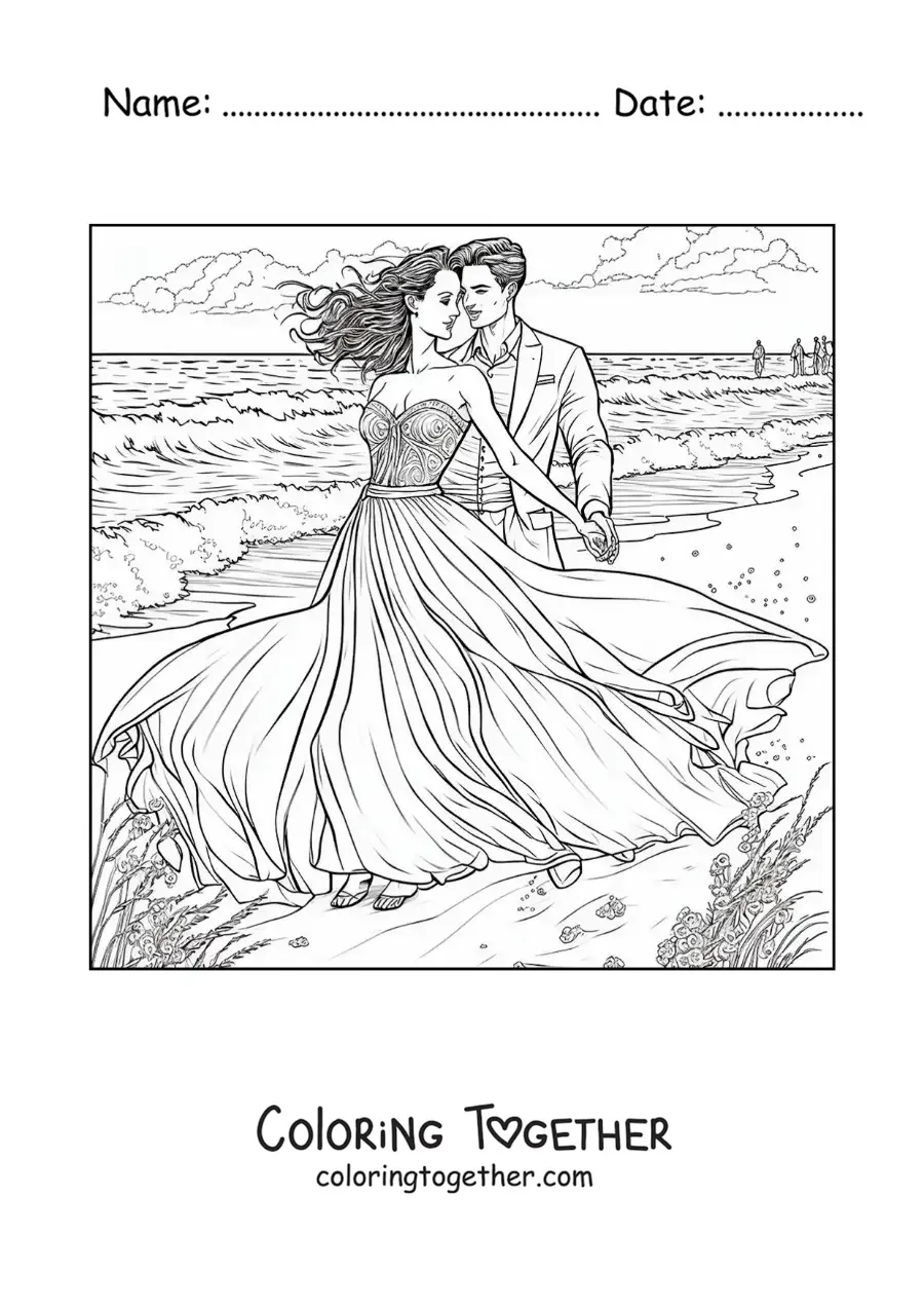 Coloring page of a romantic scene of a couple on the beach