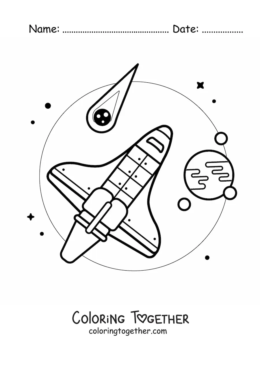 Coloring page of a rocket in space next to asteroids and planets