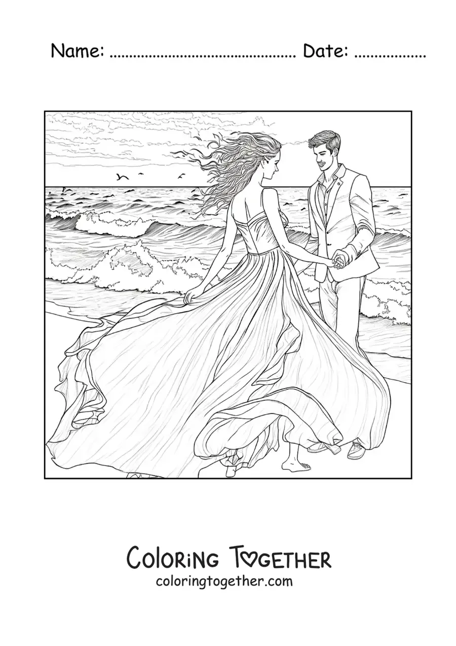 Coloring page of a romantic scene of a couple in love on the beach