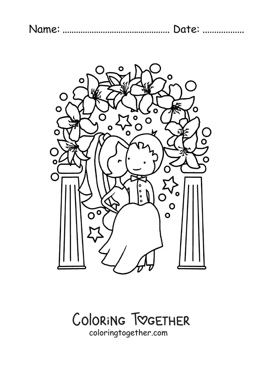 Coloring page of a happy cartoon couple at their wedding with flowers