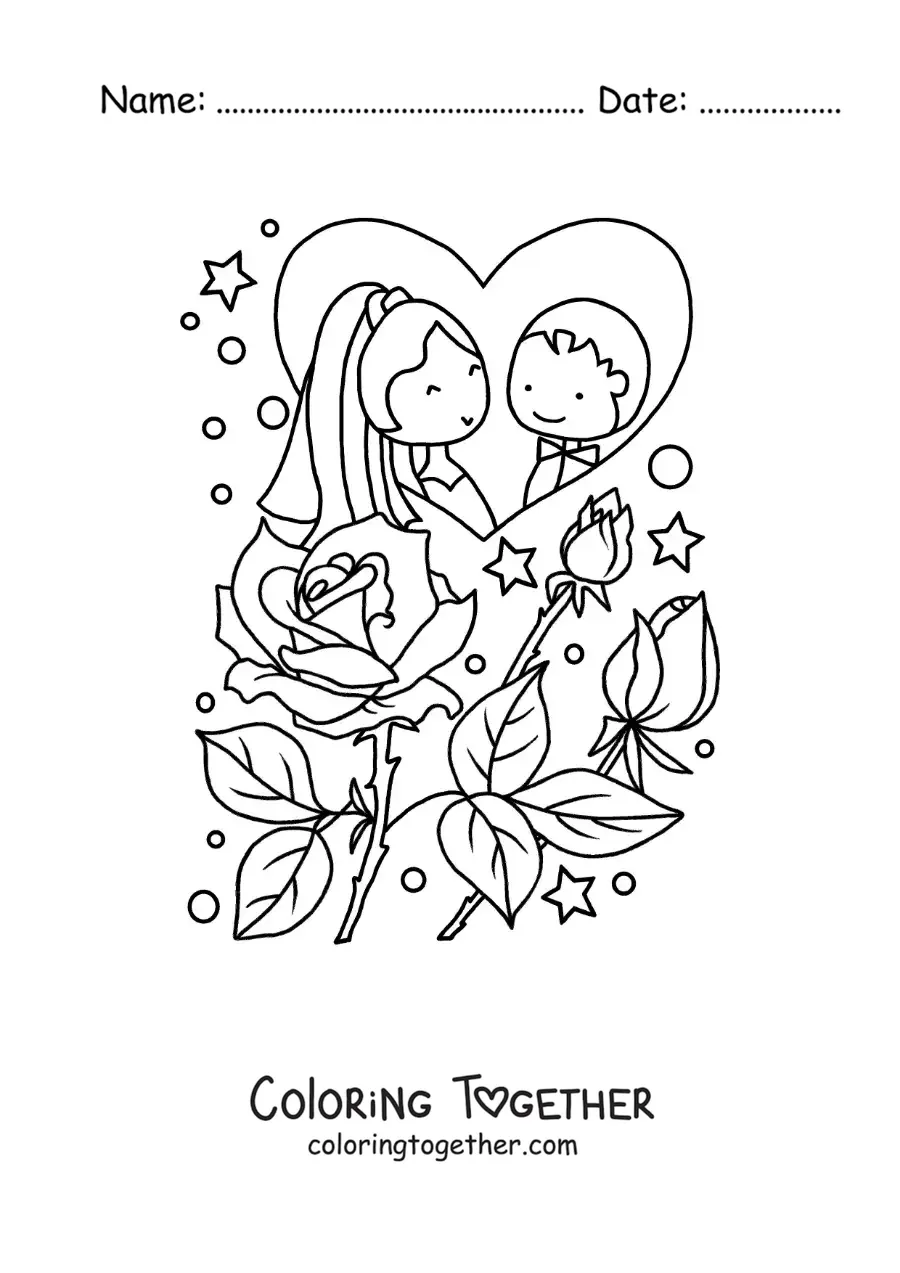 Coloring page of a happy cartoon couple at their wedding with roses and hearts
