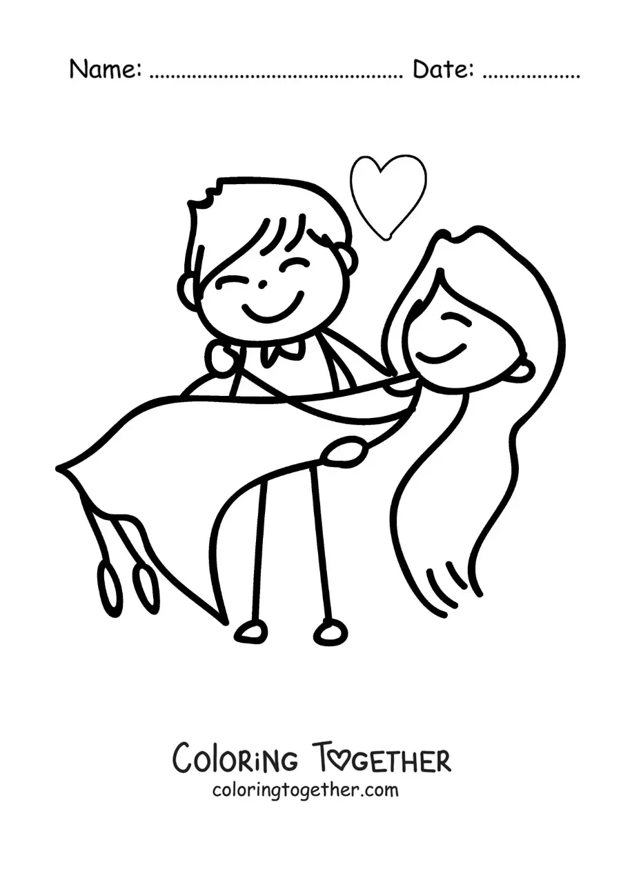 Coloring page of a cartoon newlywed couple