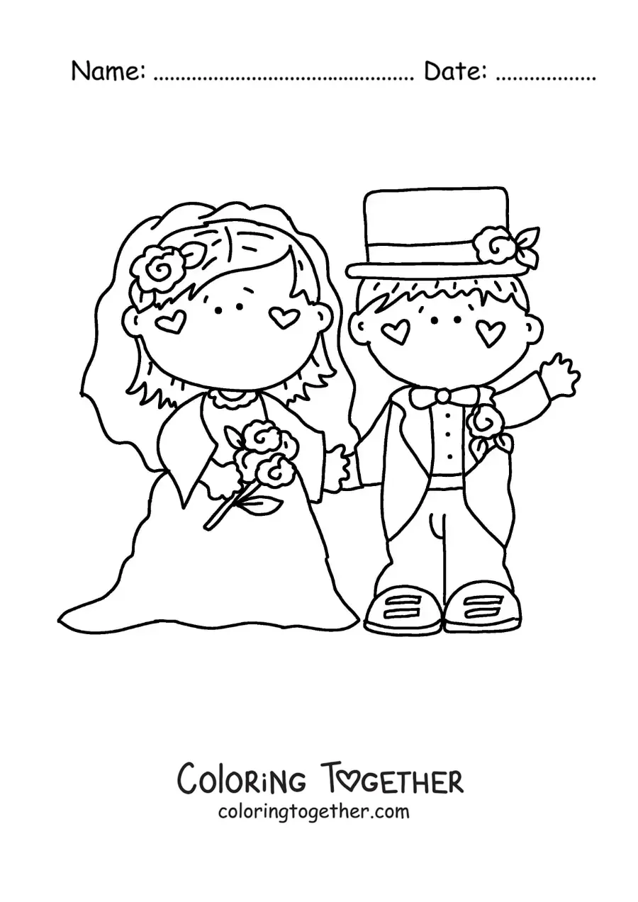 Coloring page of a cartoon of the bride and groom at their wedding
