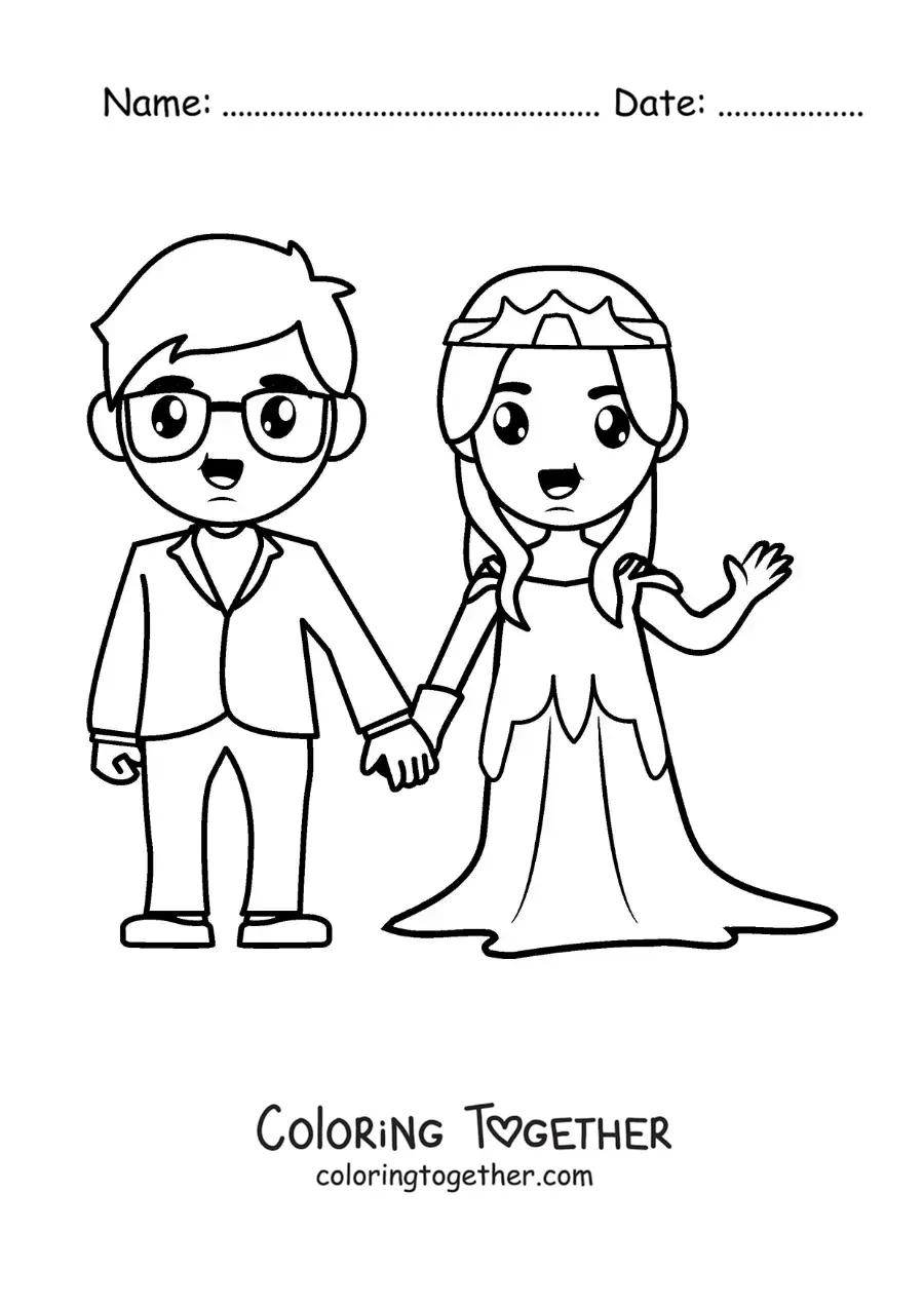 Coloring page of a cartoon couple at their wedding