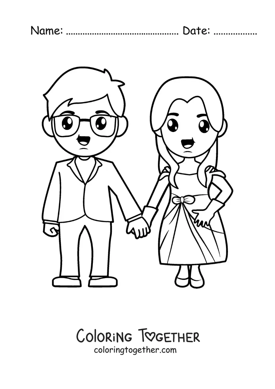 Coloring page of a couple holding hands at their wedding