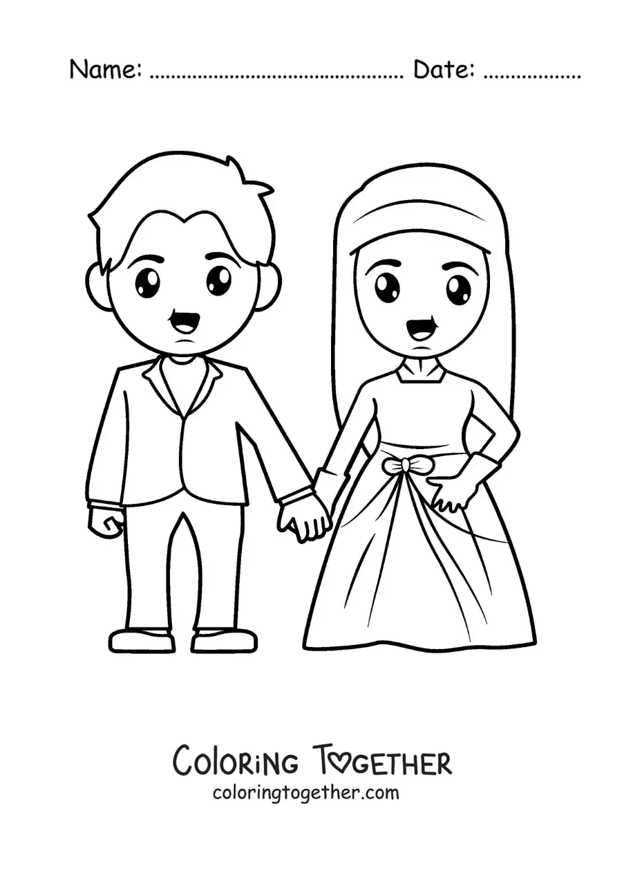 Coloring page of a bride and groom at their wedding