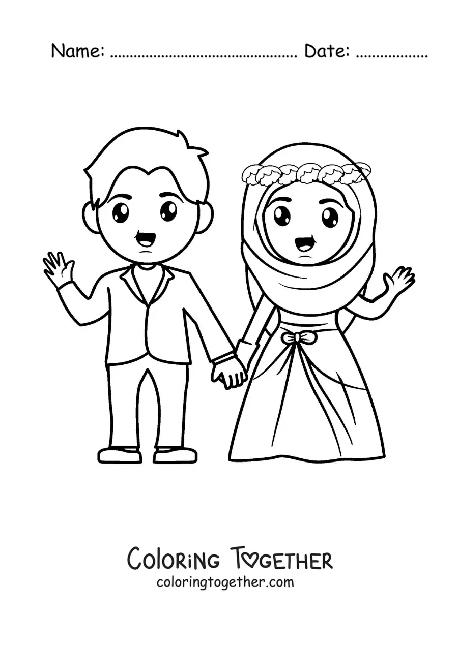 Coloring page of a bride wearing a hijab and groom at their wedding
