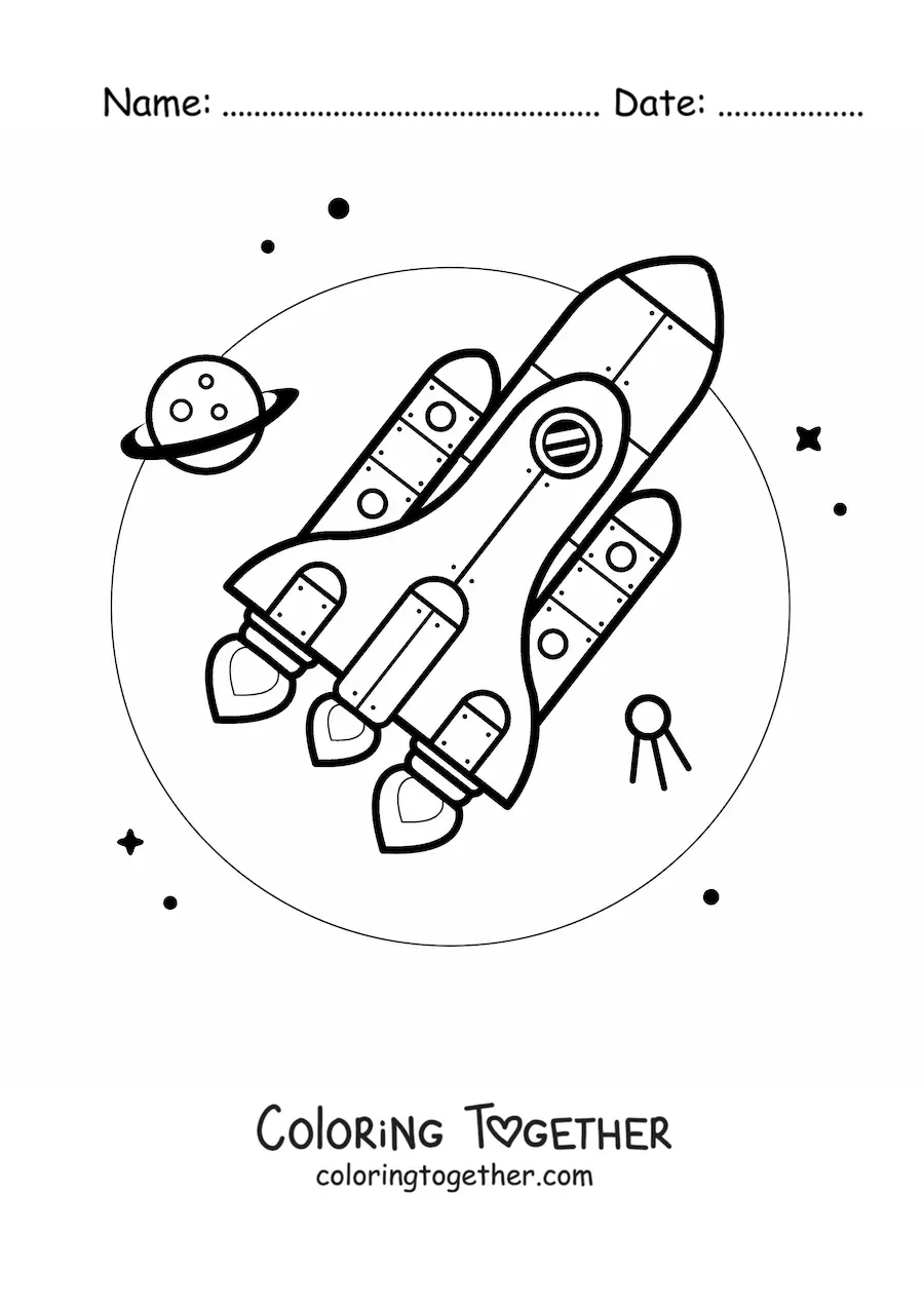 Coloring page of a rocket in space next to a planet
