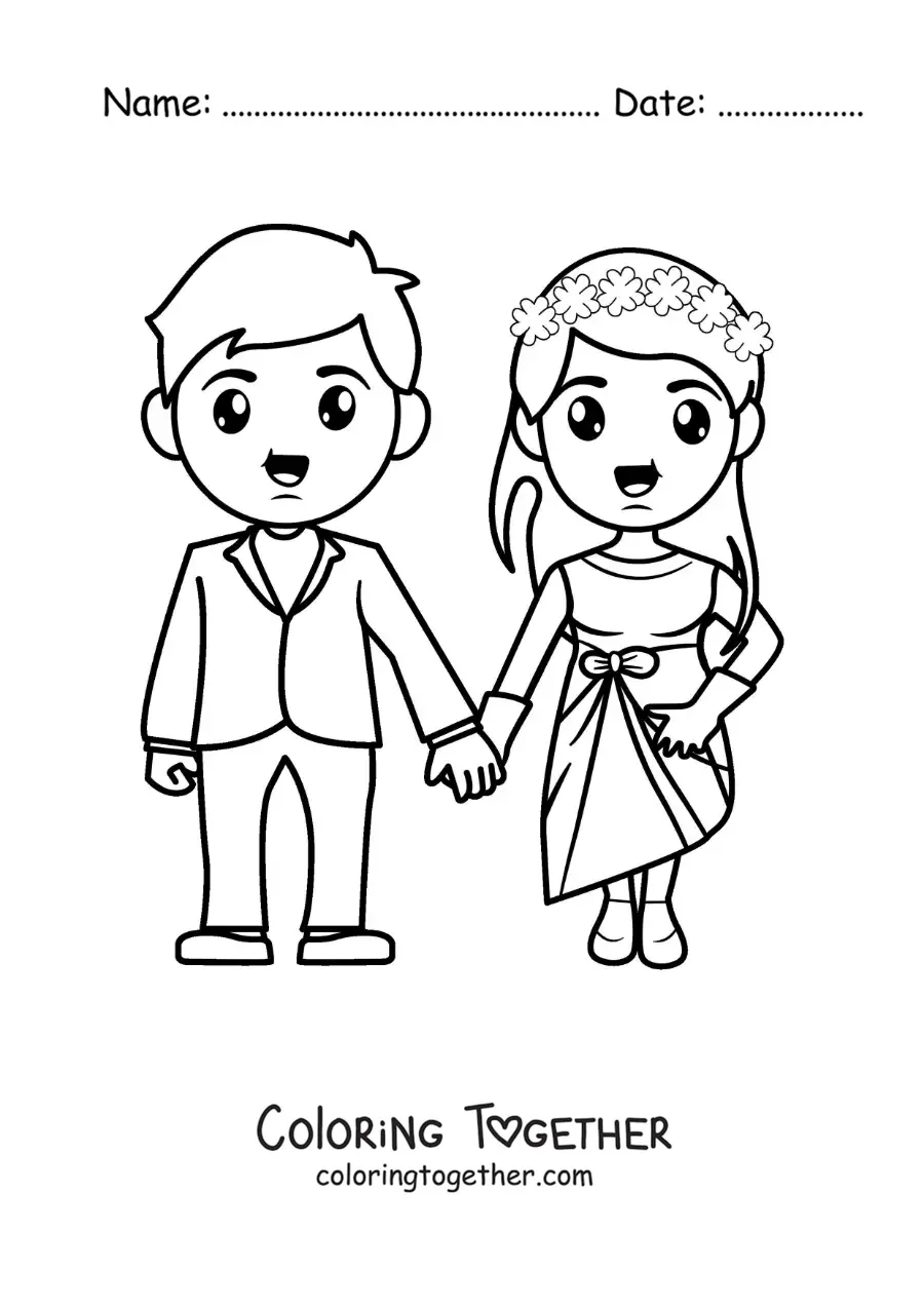 Coloring page of a happy couple at their wedding