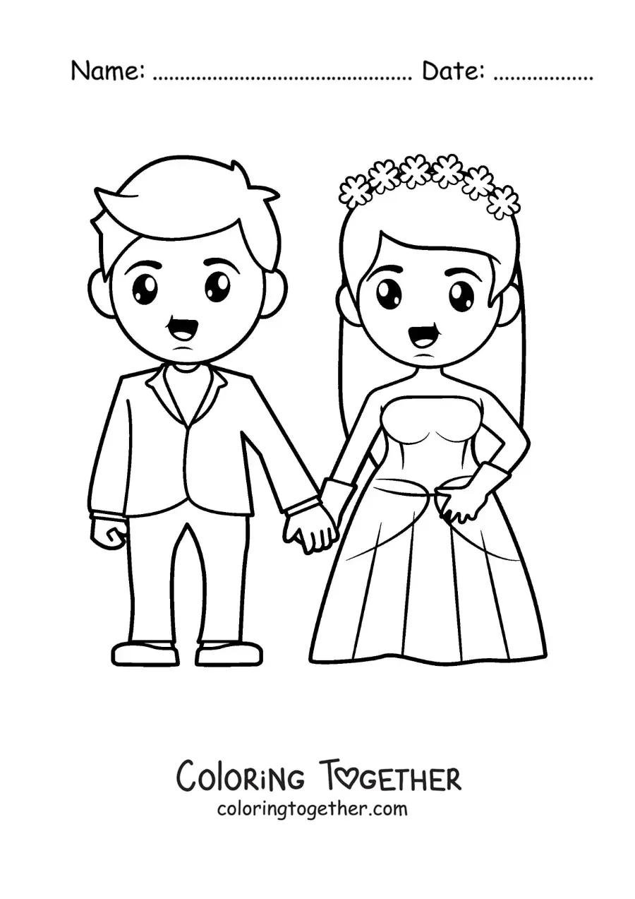 Coloring page of a bride in a gown and groom at their wedding