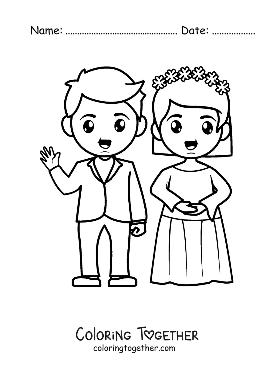 Coloring page of a cartoon wedding couple