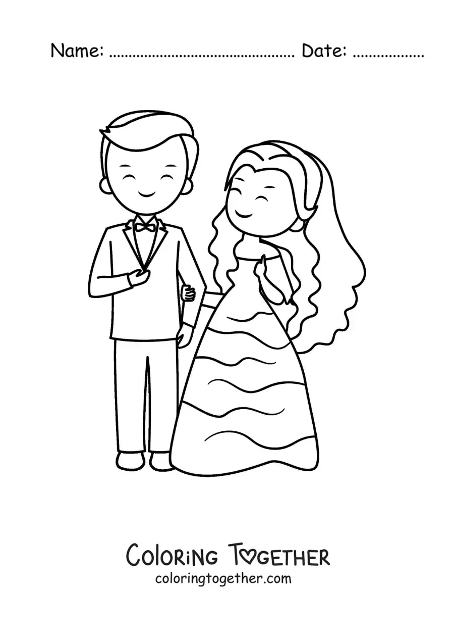 Coloring page of a cartoon couple on their wedding day