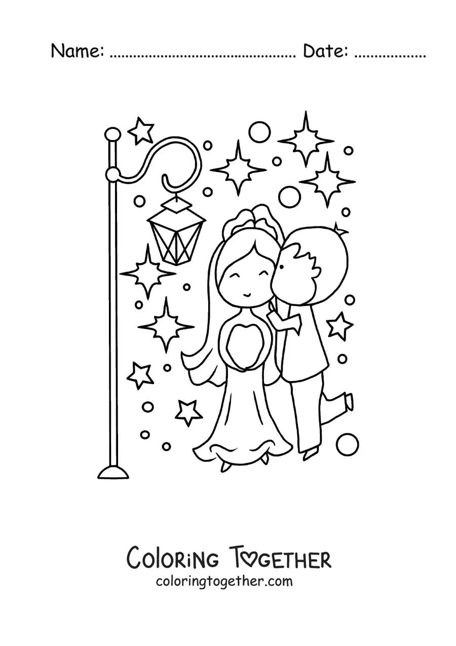 Coloring page of a sweet couple on their wedding day with stars
