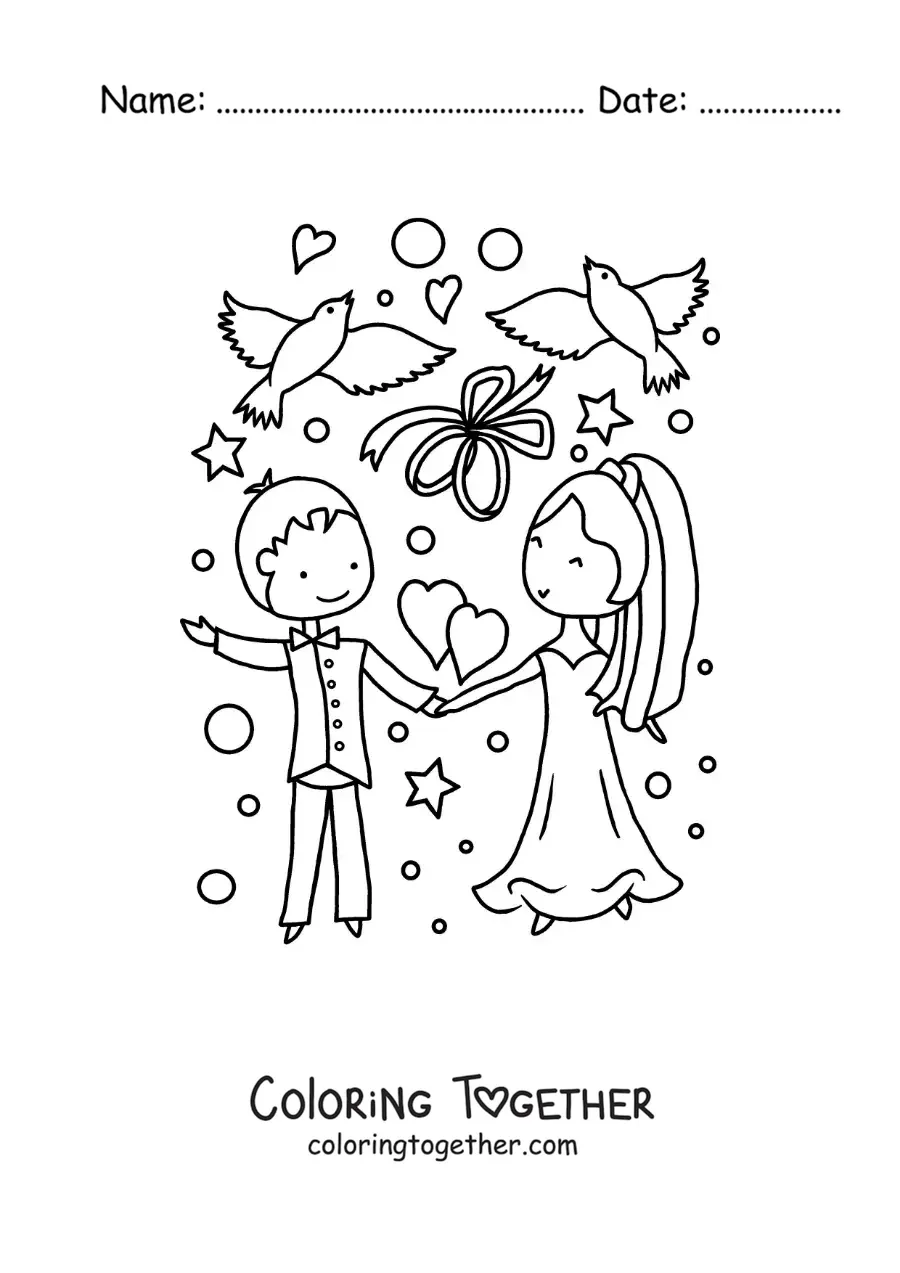 Coloring page of a sweet cartoon couple at their wedding with hearts and doves