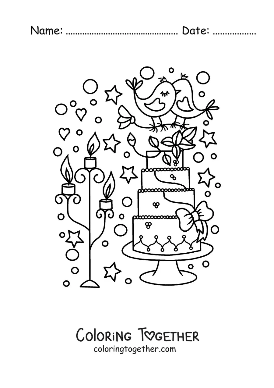 Coloring page of a beautiful cartoon wedding cake