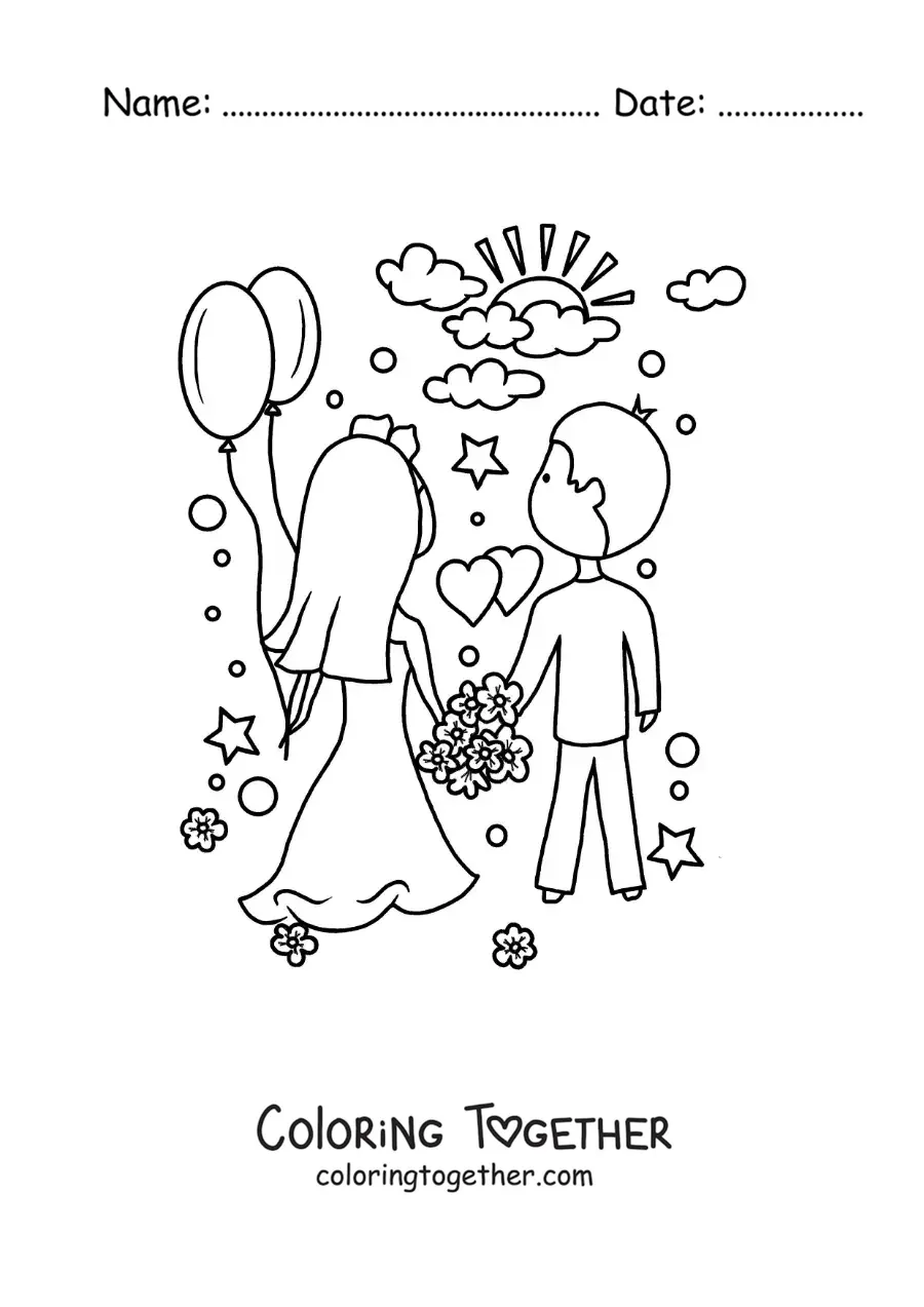 Coloring page of a newlywed couple on their wedding day with hearts and flowers