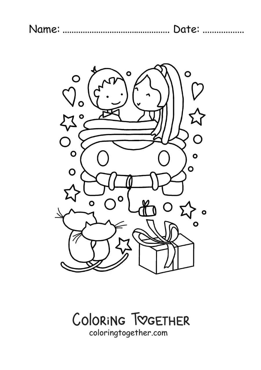 Coloring page of a newlywed couple in a car with hearts