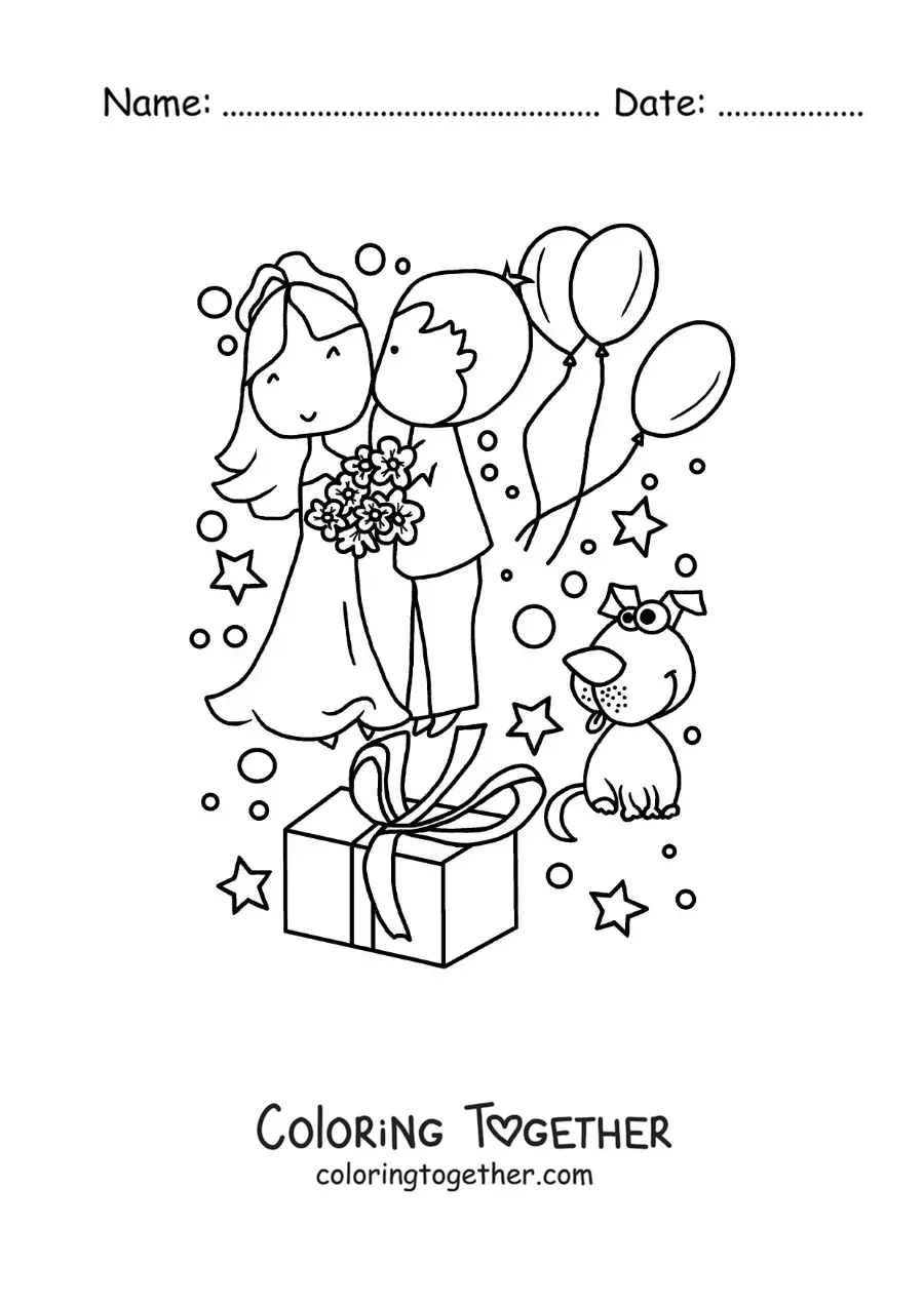 Coloring page of a cartoon couple at their wedding with gifts