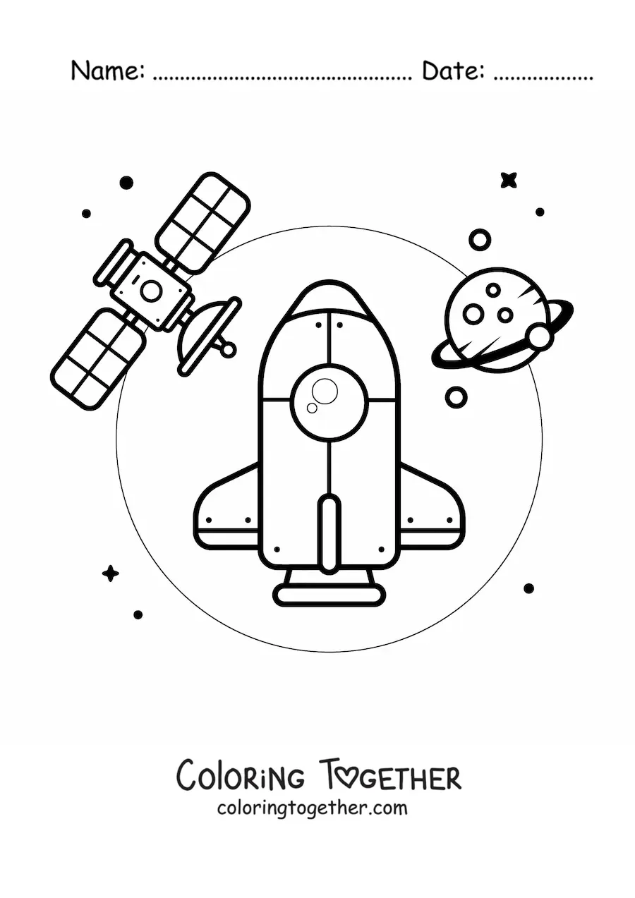 Coloring page of a rocket in space next to a satellite and a planet