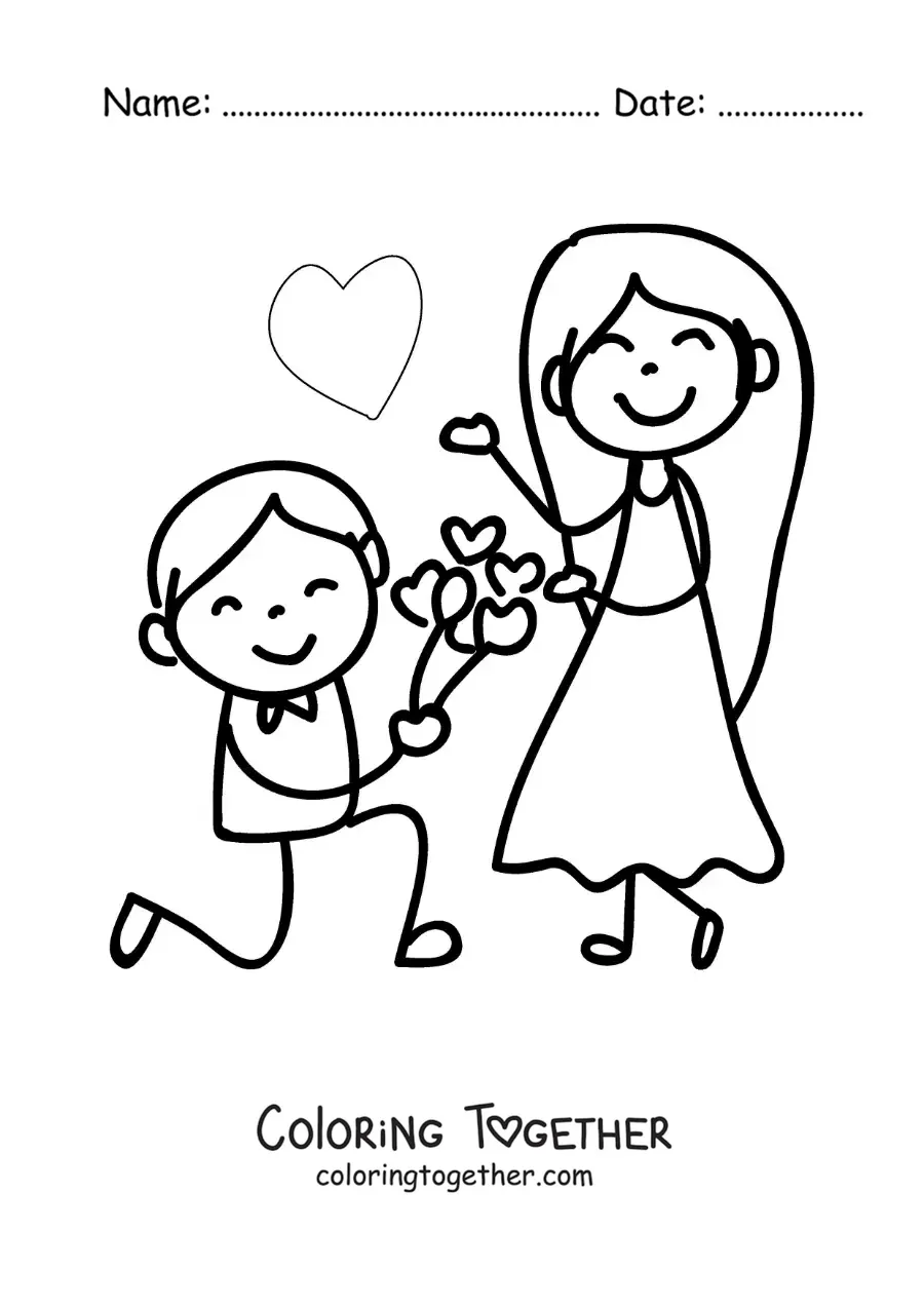 Coloring page of a cartoon marriage proposal