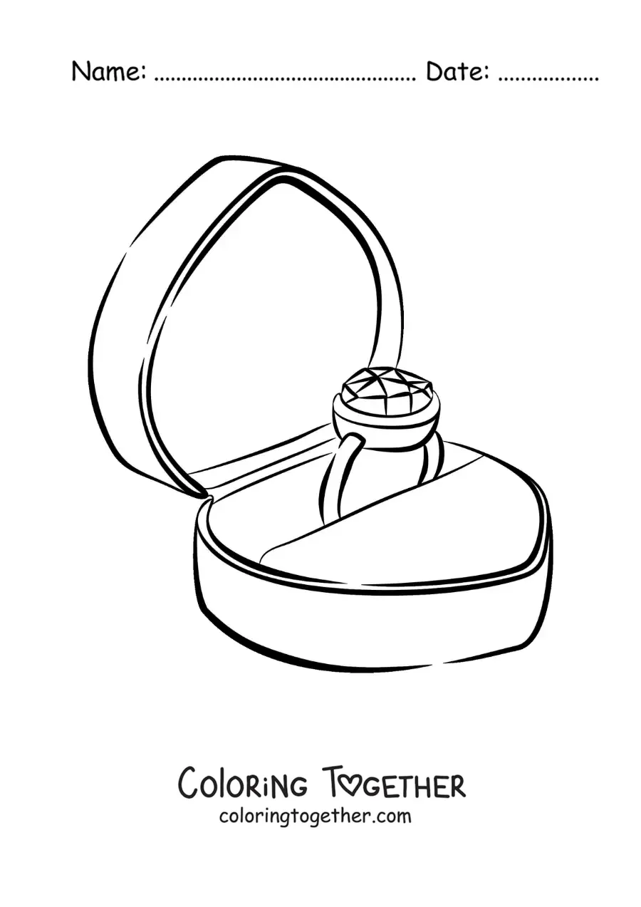 Coloring page of an engagement ring in a heart-shaped box