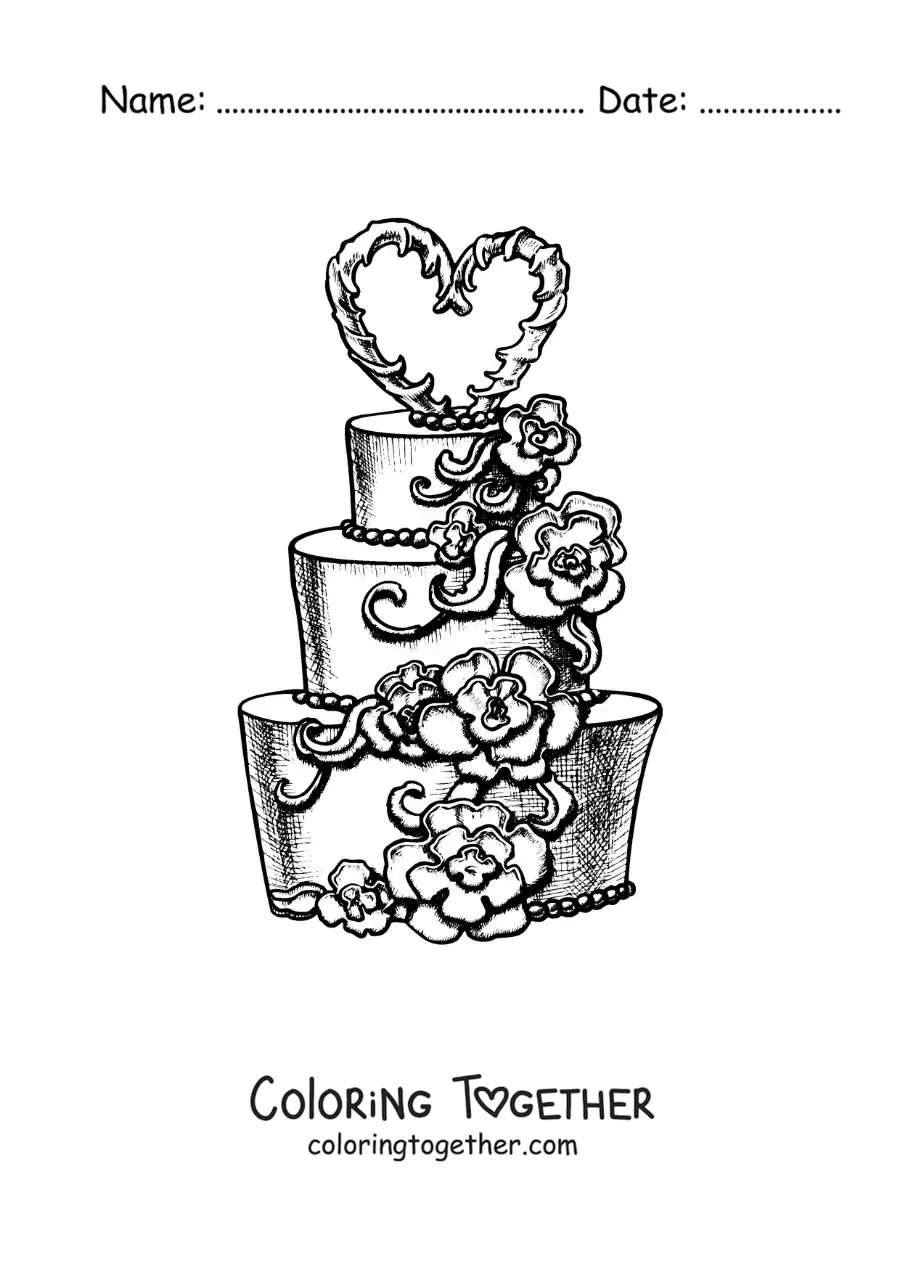 Coloring page of a realistic wedding cake with flowers