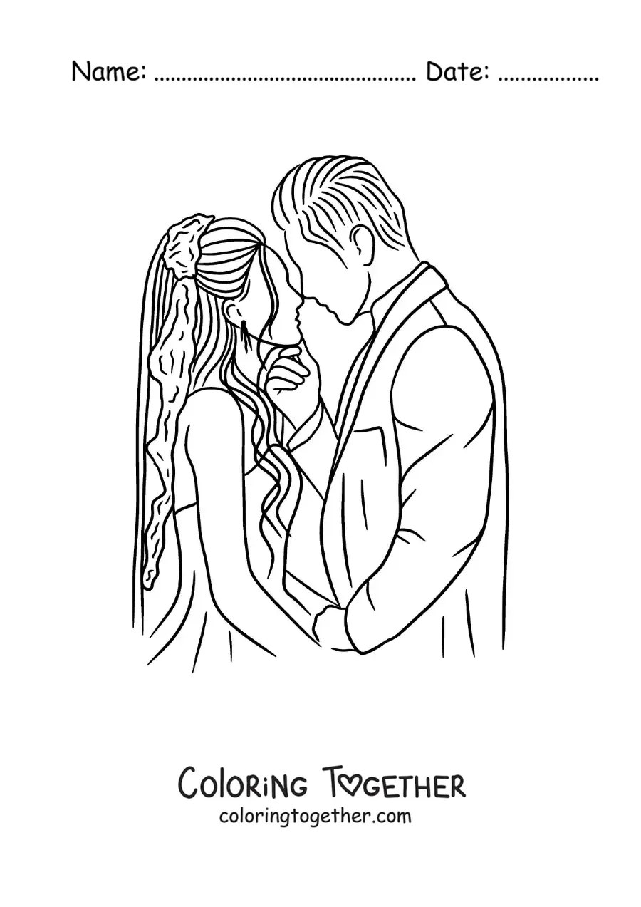 Coloring page of a bride and groom kissing at their wedding