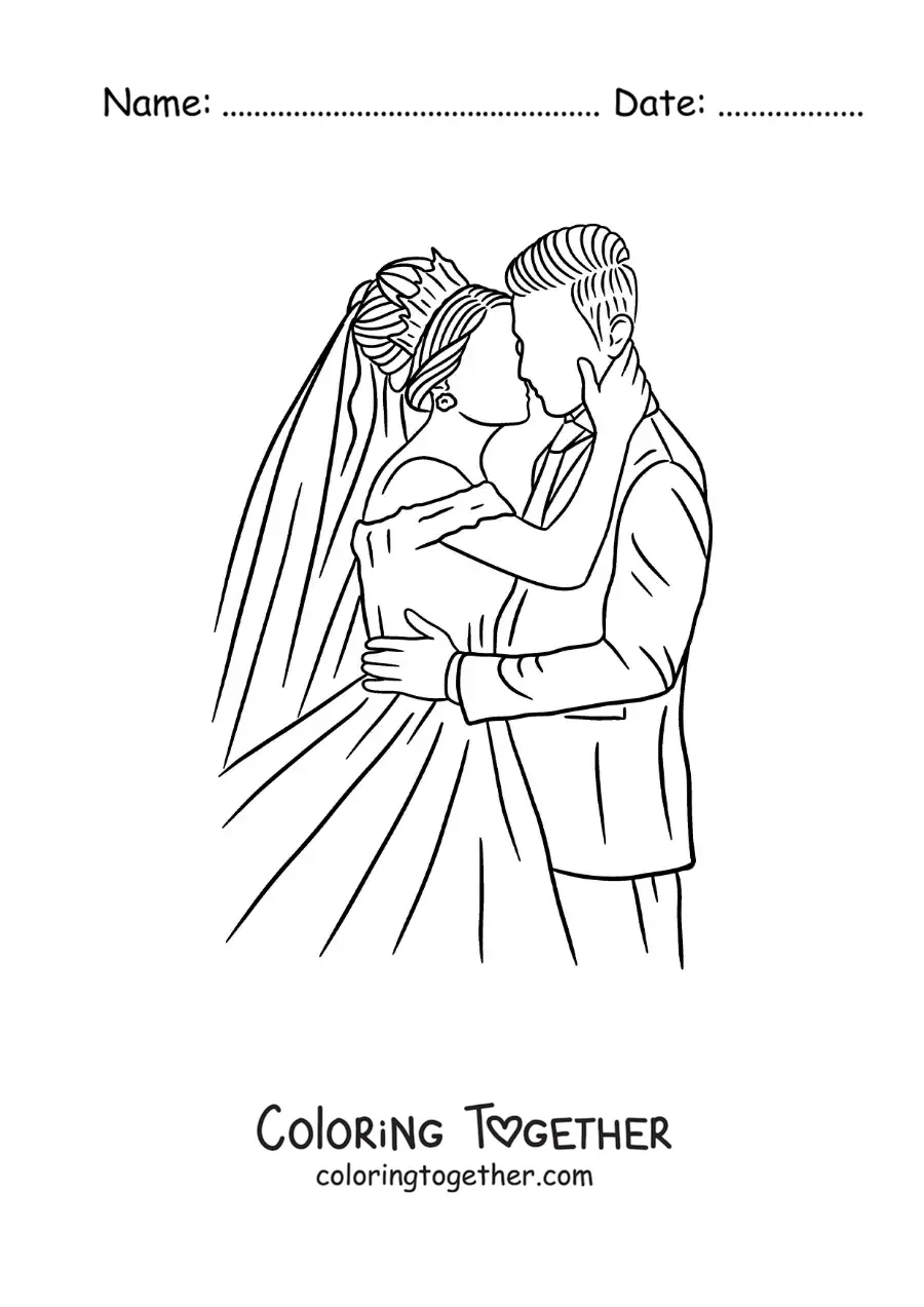 Coloring page of a bride and groom kissing at their wedding