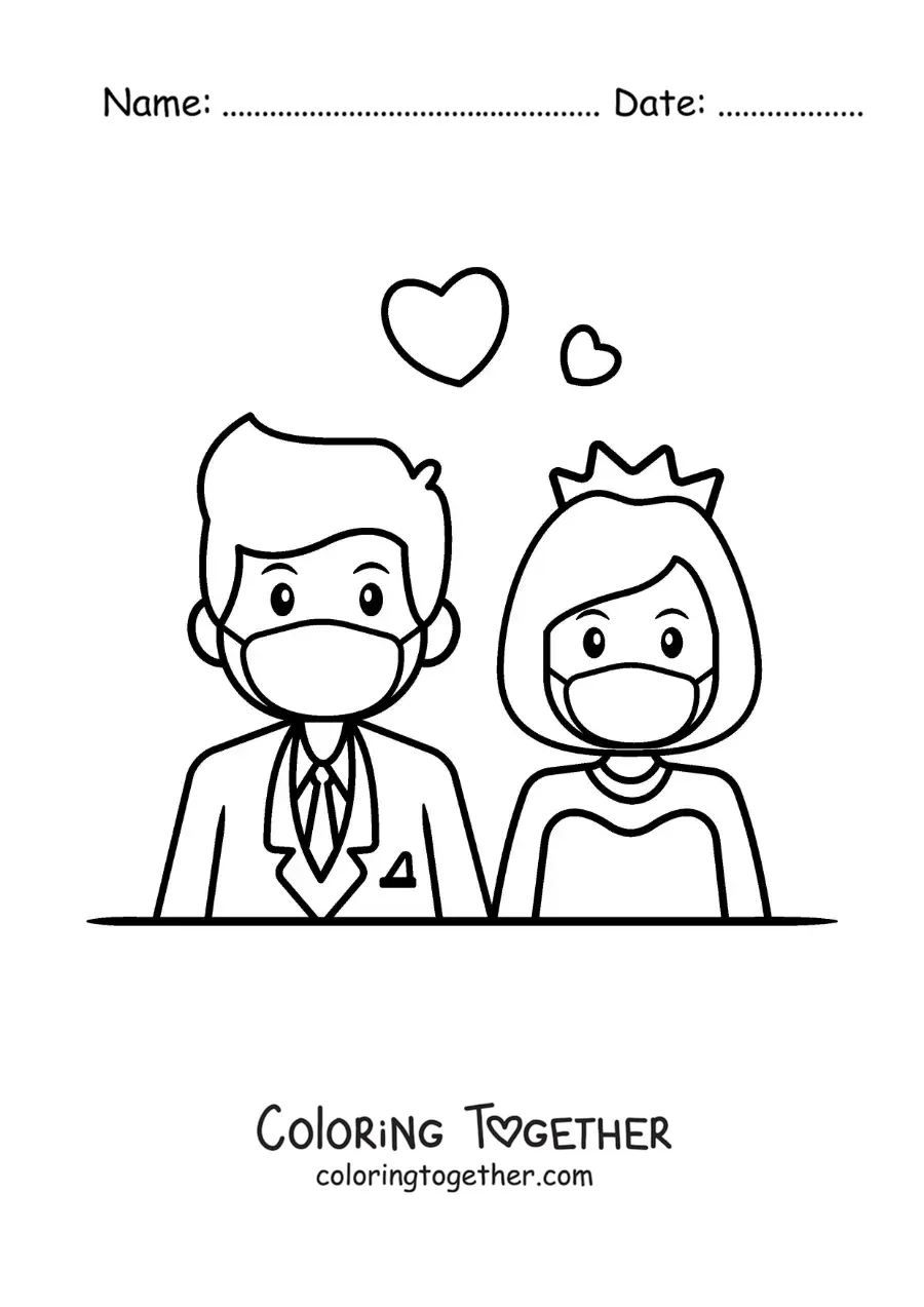 Coloring page of a cartoon wedding in quarantine
