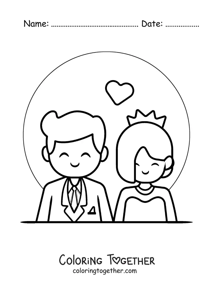 Coloring page of a happy cartoon couple at their wedding with hearts