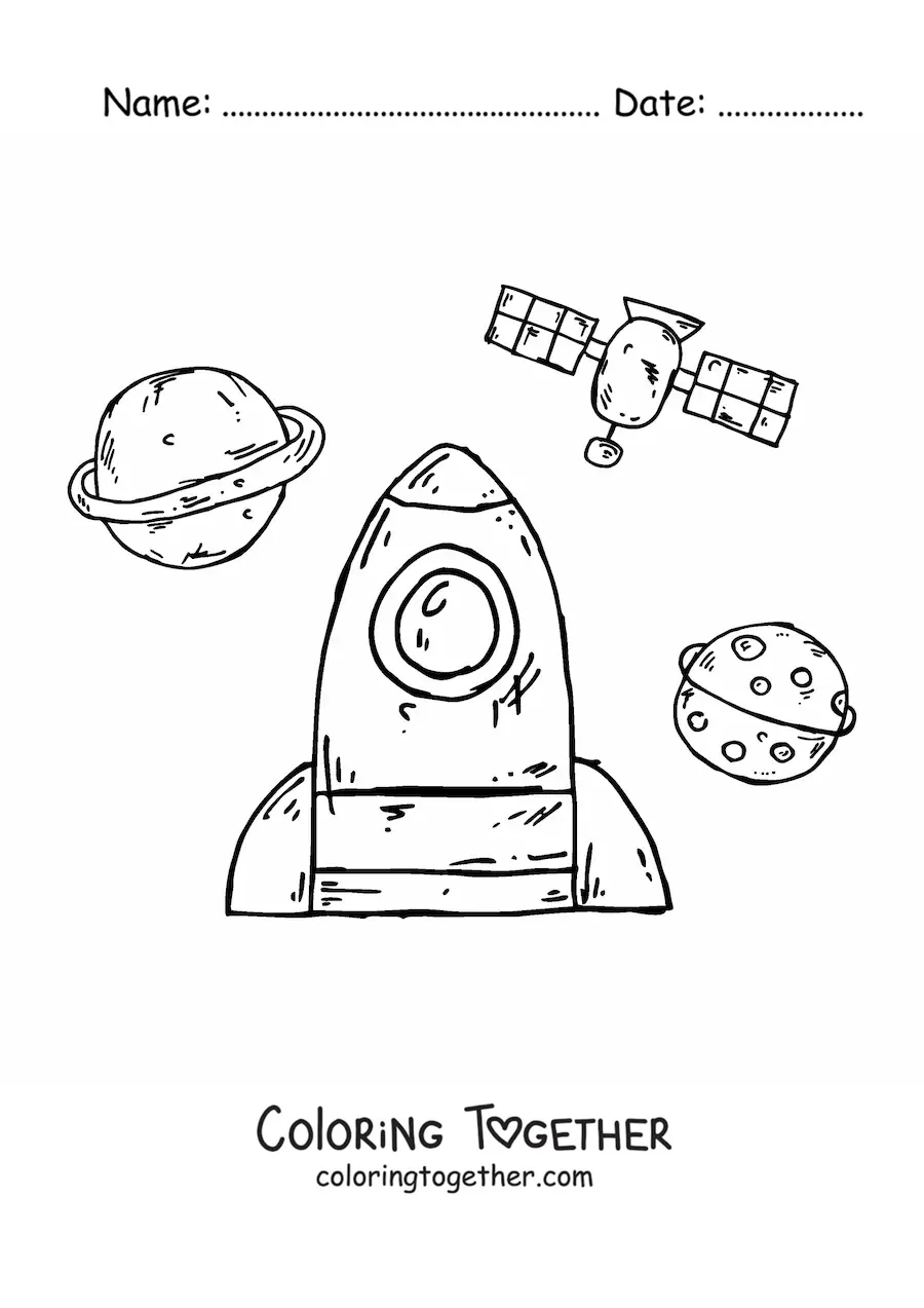 Coloring page of a cartoon rocket in space