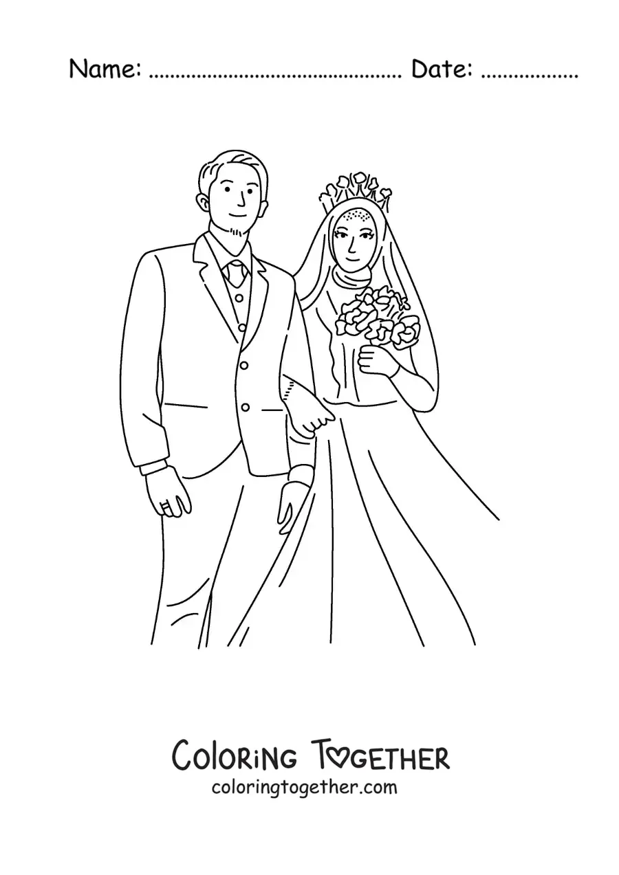 Coloring page of a beautiful bride wearing a hijab and a groom at their wedding
