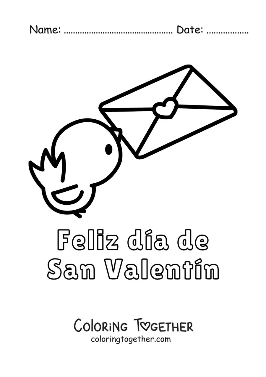 Coloring page of a bird with a love letter and the phrase Happy Valentine's Day
