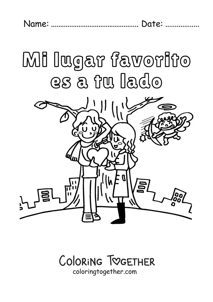 Coloring page of a couple under a tree and the phrase My favorite place is by your side