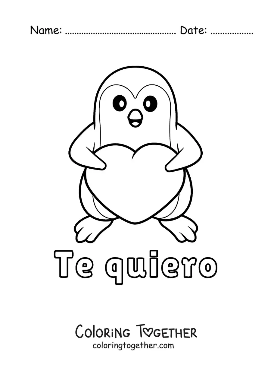 Coloring page of a penguin with a heart and the phrase I love you