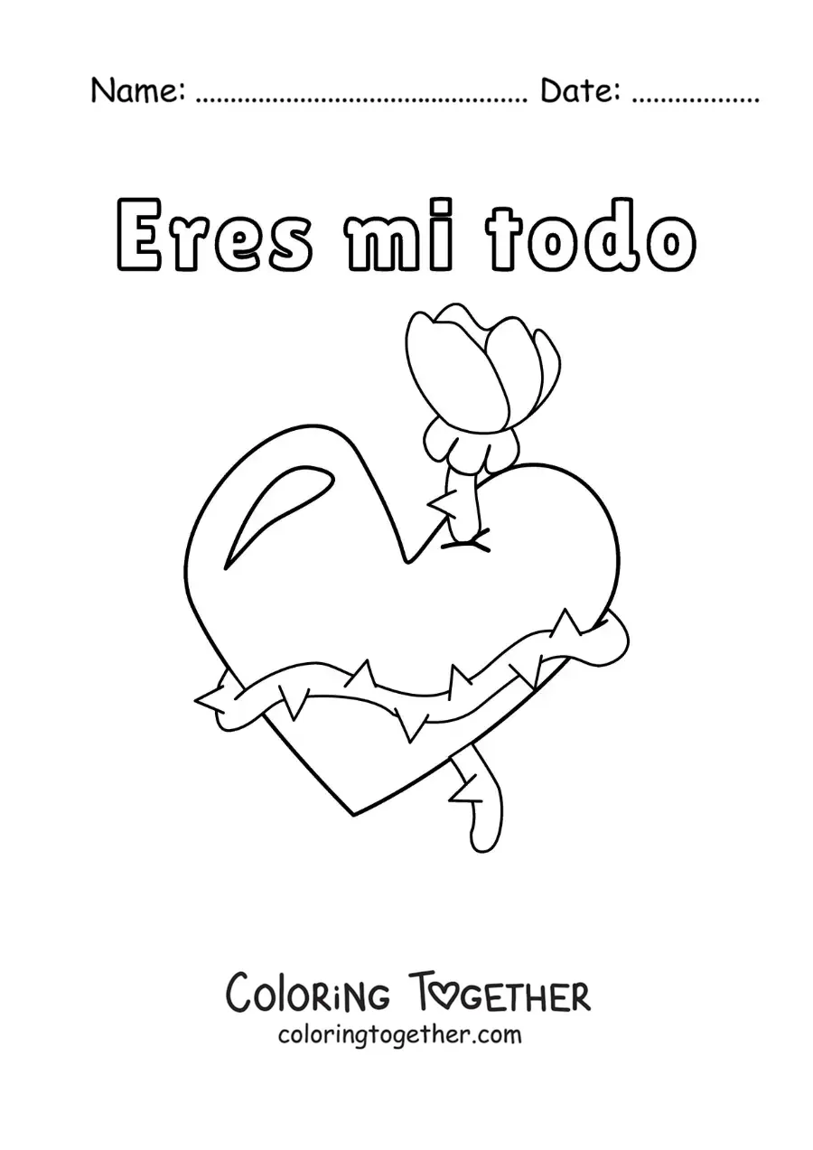 Coloring page of a rose with a heart and the phrase You are my everything