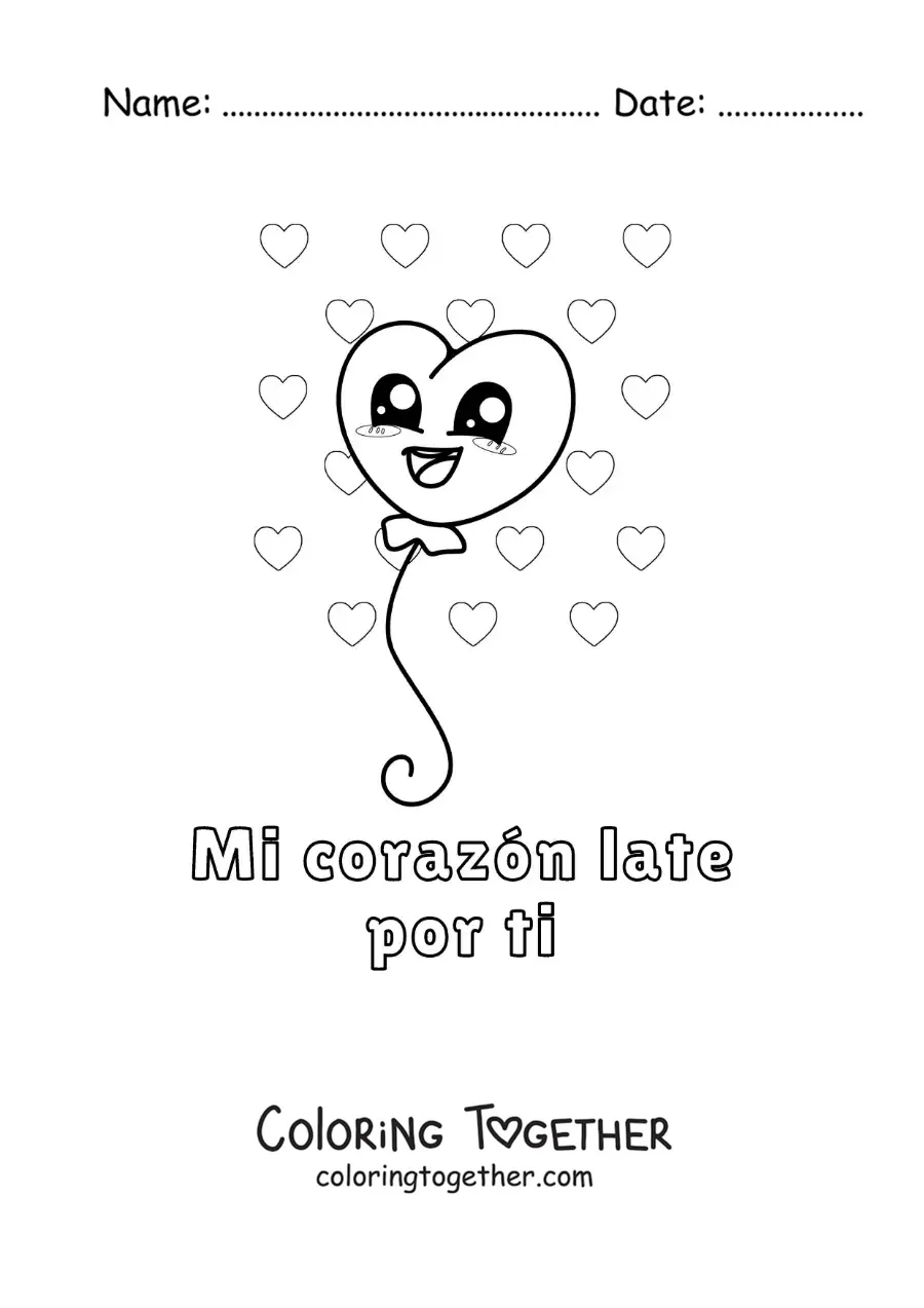 Coloring page of a heart balloon and the phrase My heart beats for you