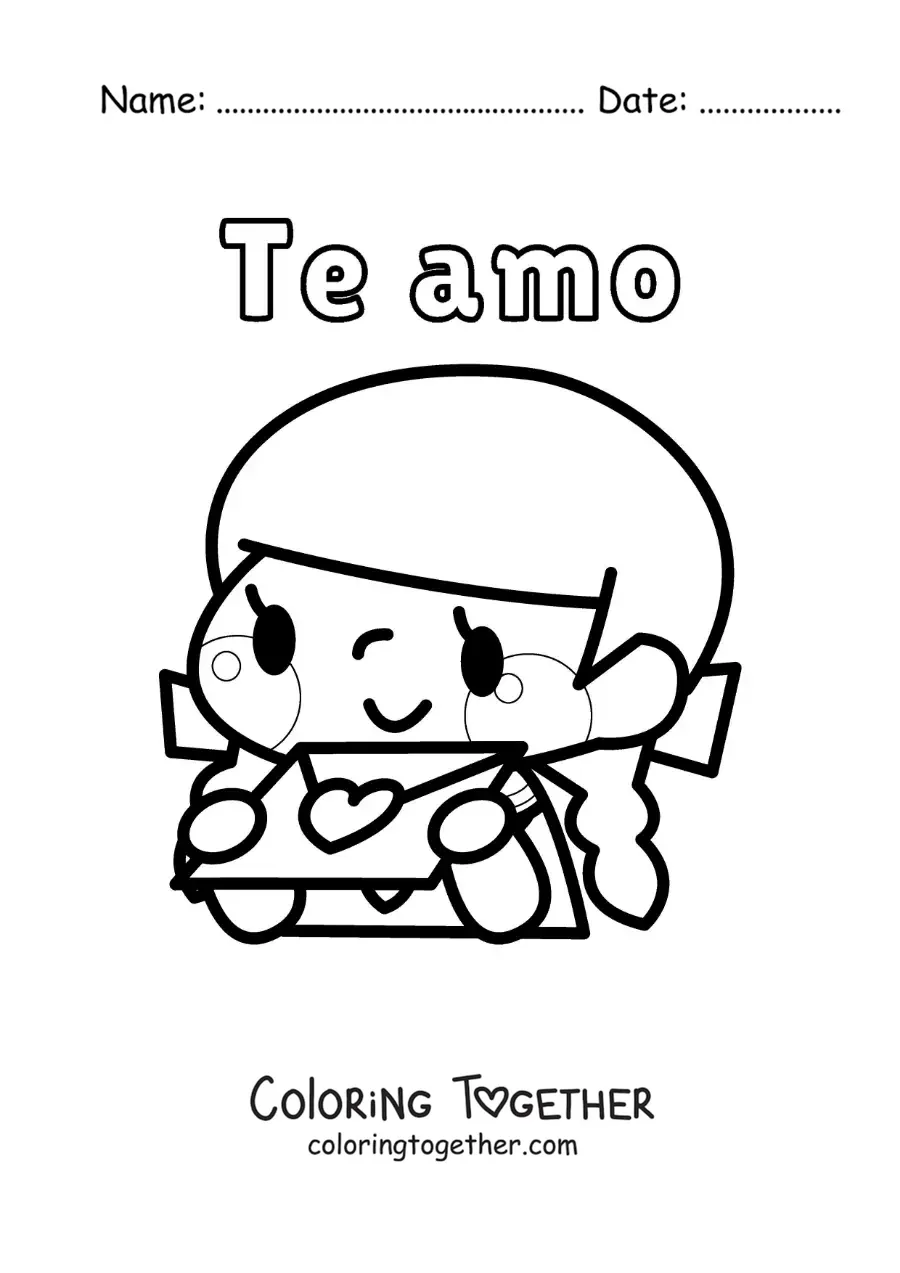 Coloring page of a girl with a love letter and the phrase I love you