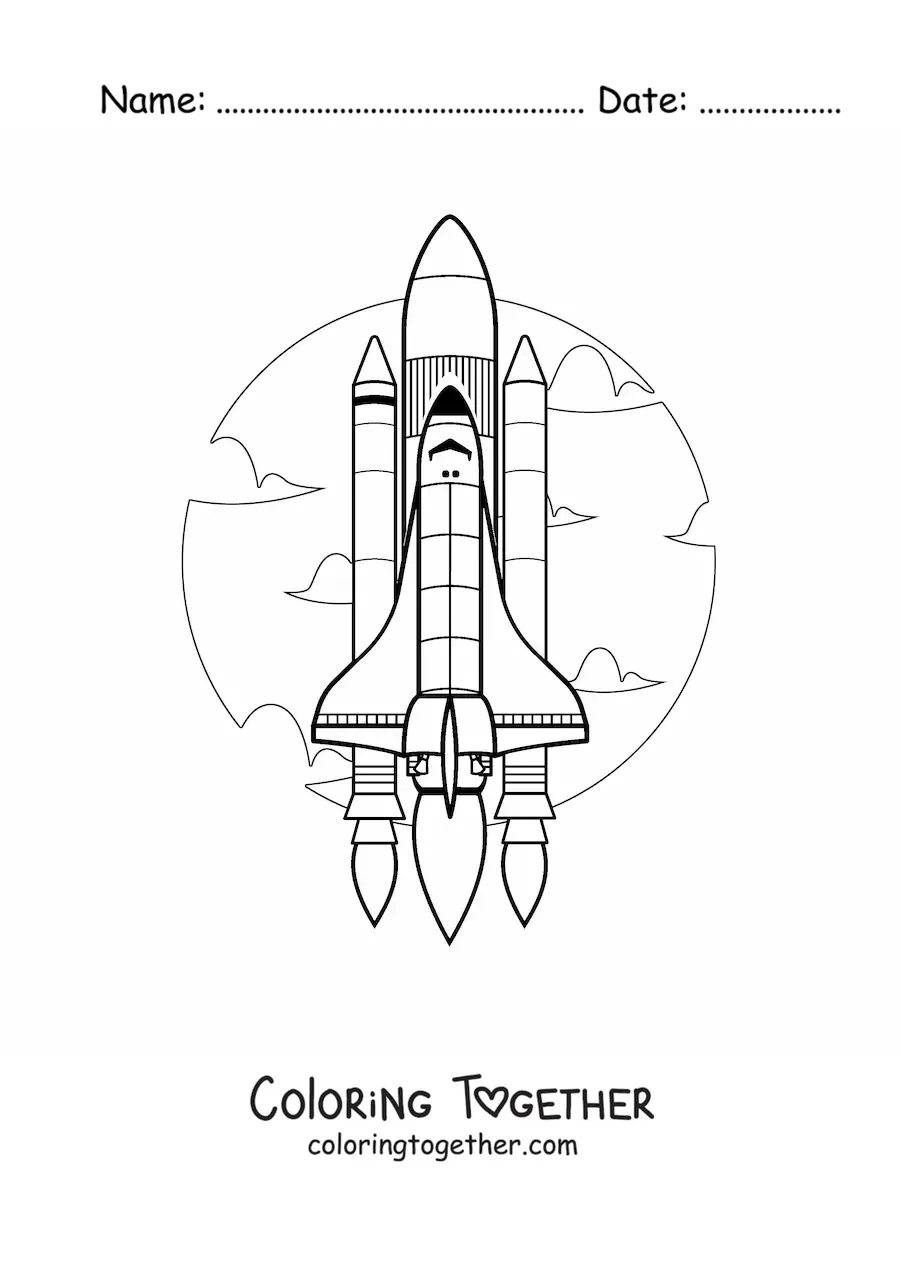 Coloring page of a realistic space rocket lifting off into the sky