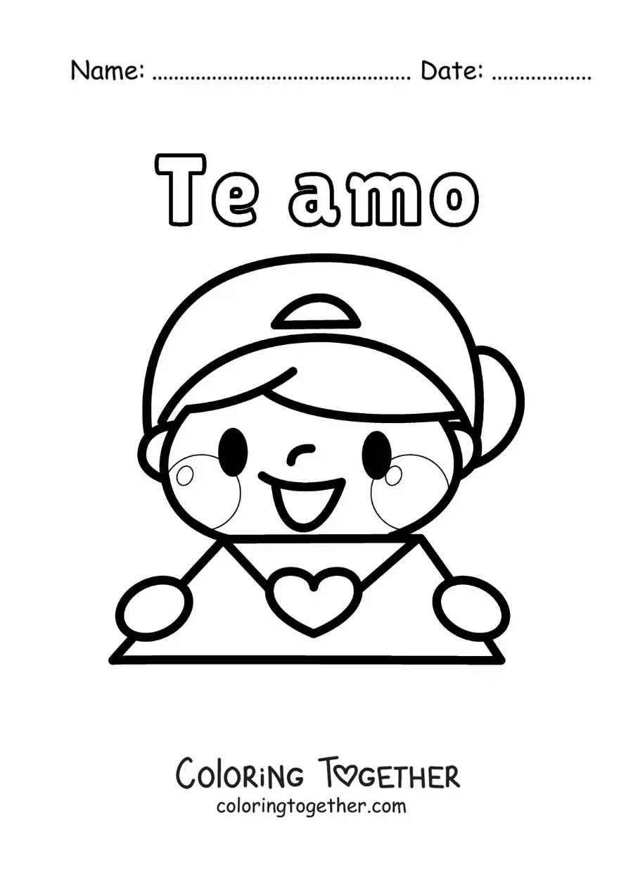 Coloring page of a boy with a love letter and the phrase I love you
